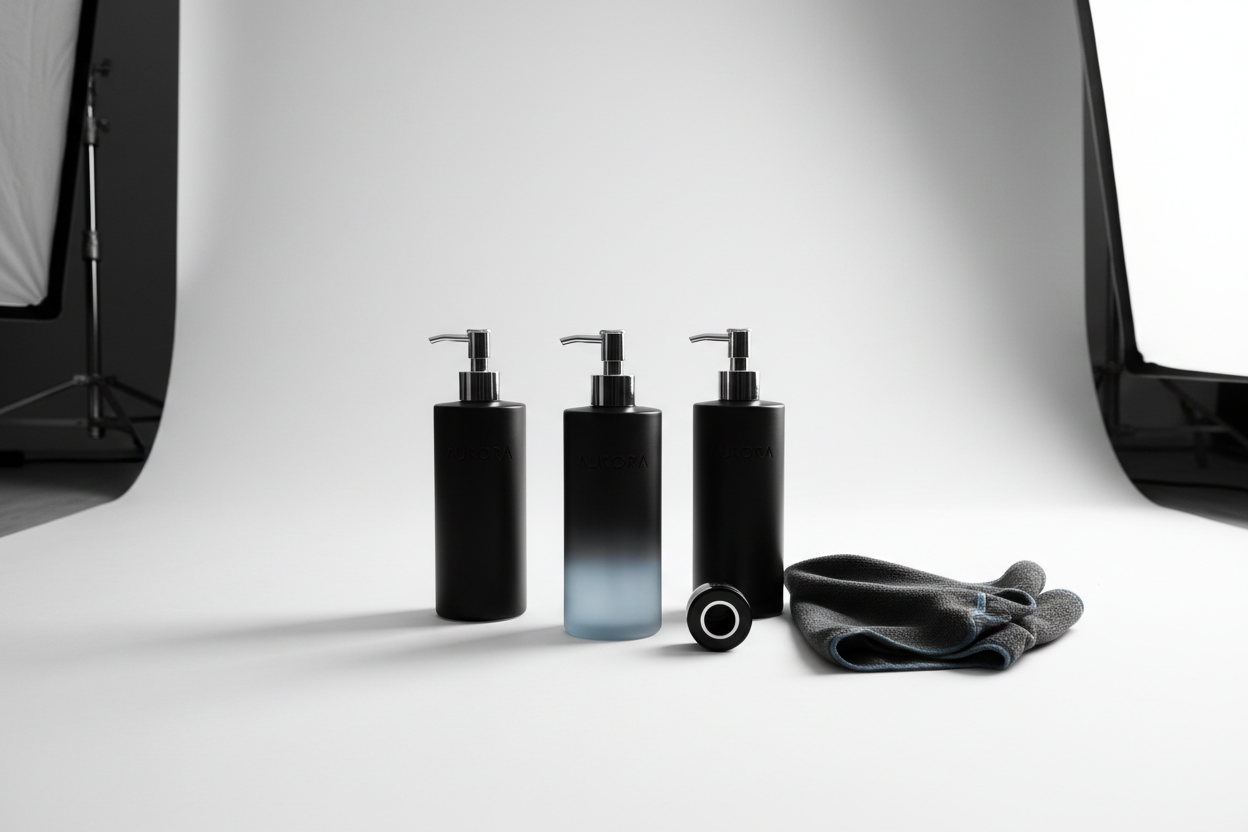 Använd EN bild som ser ren, premium och ”studio” ut (som tershine).
– Inga för mycket färger — svart, vitt och DriftNord-accentfärg.